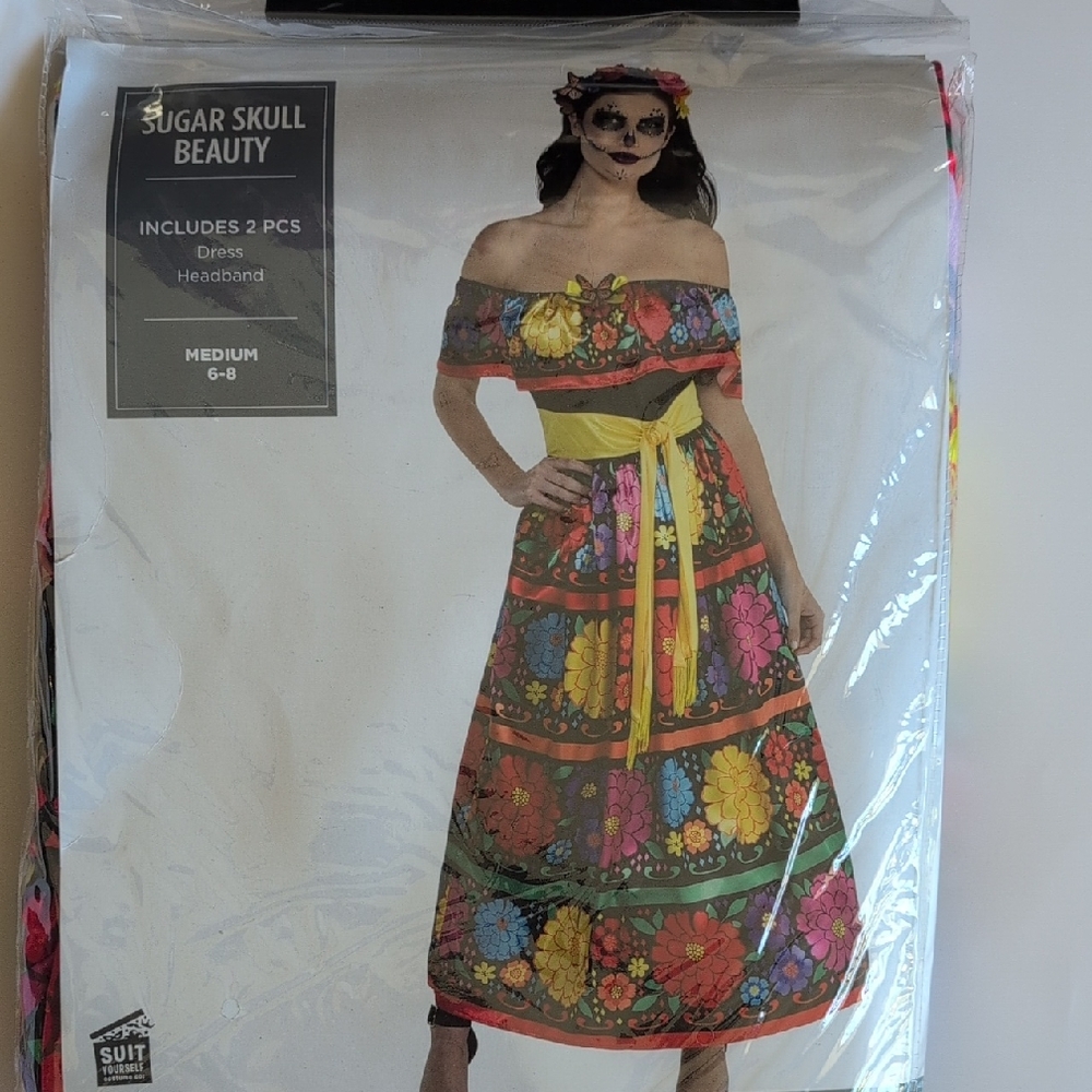 Sugar Skull Beauty Costume – Medium 6–8 Day of the Dead Dress & Floral Headband